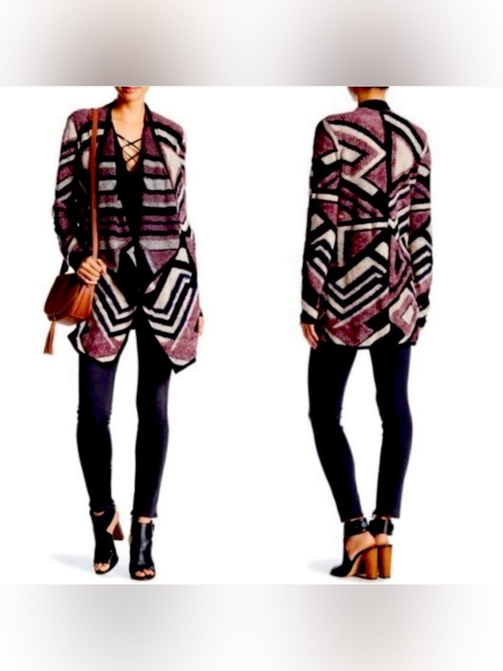 Lucky Brand XS Black Ivory Burgundy Geometrical Tribal Knit Open Cardigan